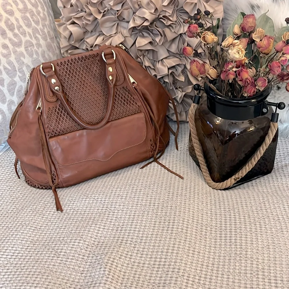 Rebecca Minkoff Cognac Tan Brown Leather Satchel Laptop Carry On Tote Bag Purse
